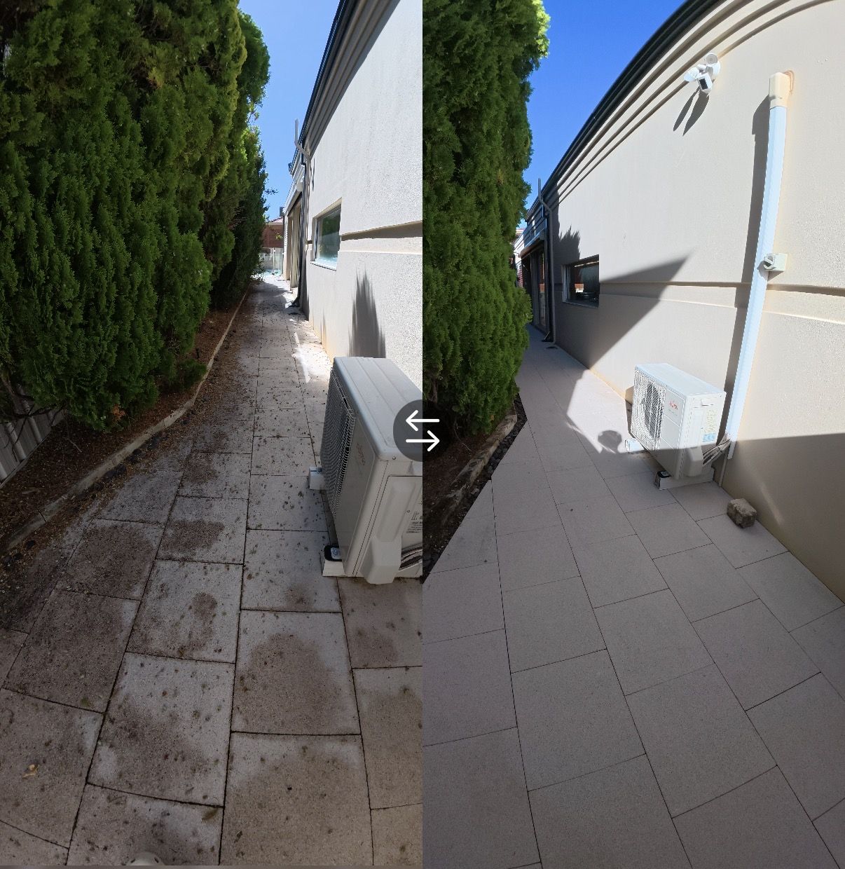 Grimy side path cleaned to like-new